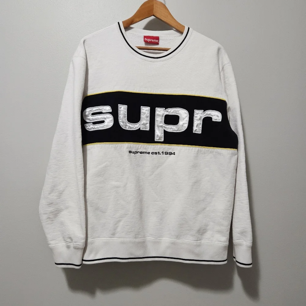 Supreme White Crewneck Sweatshirt with Black and Yellow Stripe